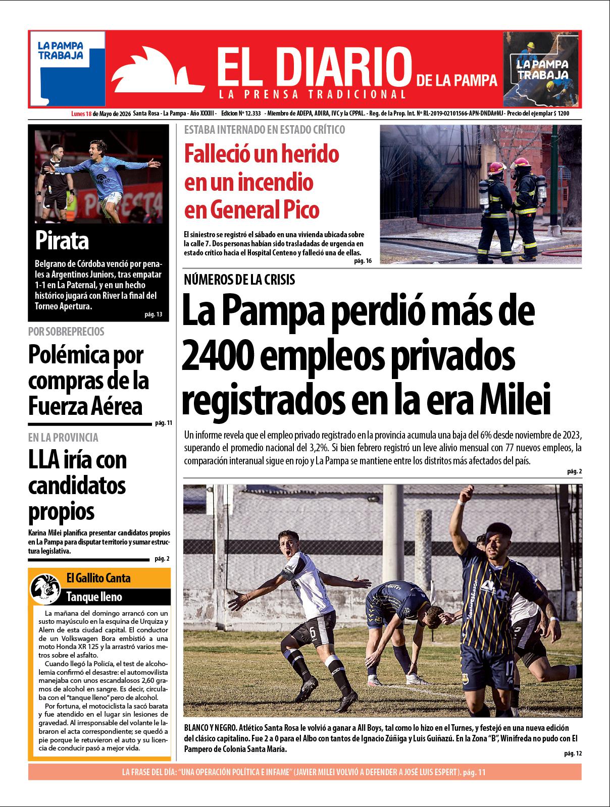 Tapa de El Diario en papel  lunes 18 de mayo de 2026